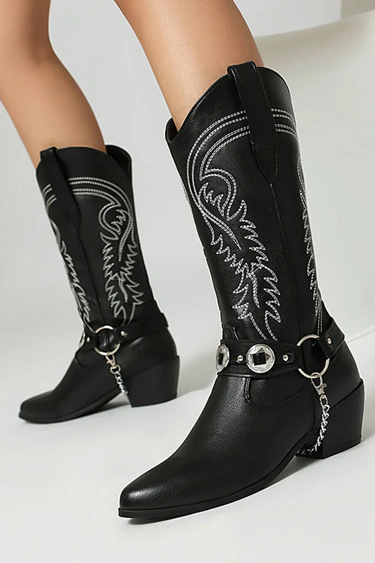 Embroidery O-Ring Chain Decor Pointed Toe Chunky Heel Mid Calf Boots