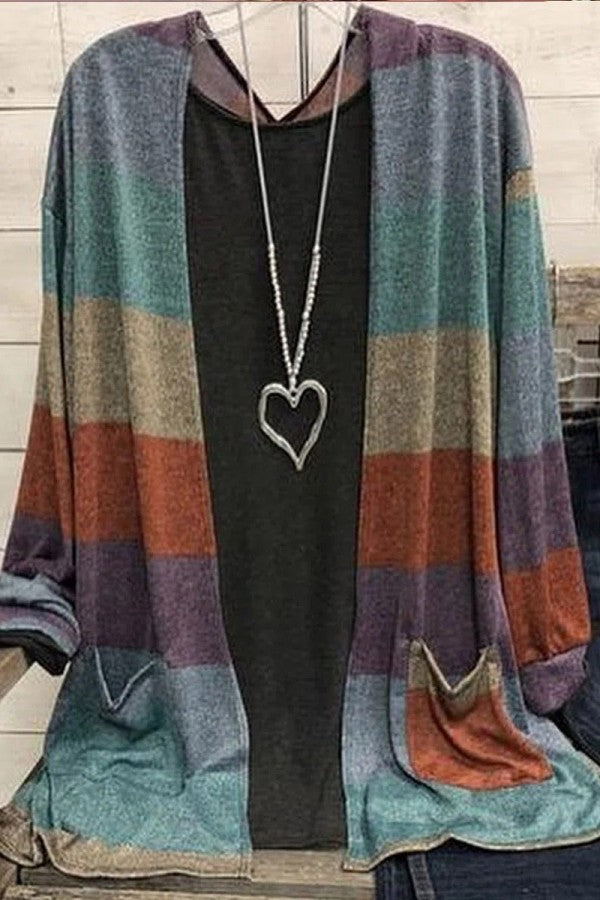 Color Block Stripe Casual Long Sleeves Cardigan