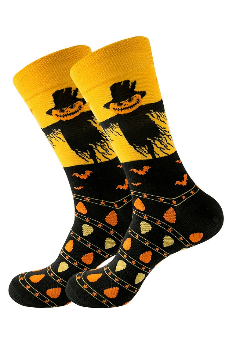 Calcetines de media pantorrilla con estampado de espantapájaros, calabaza, casa embrujada y elementos de Halloween 