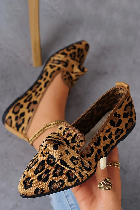 Leopard Pattern Knotted Pointed Toe Slip On Flats