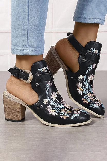 Floral Embroidery Metallic Studded Round Toe Slingback Chunky Heels