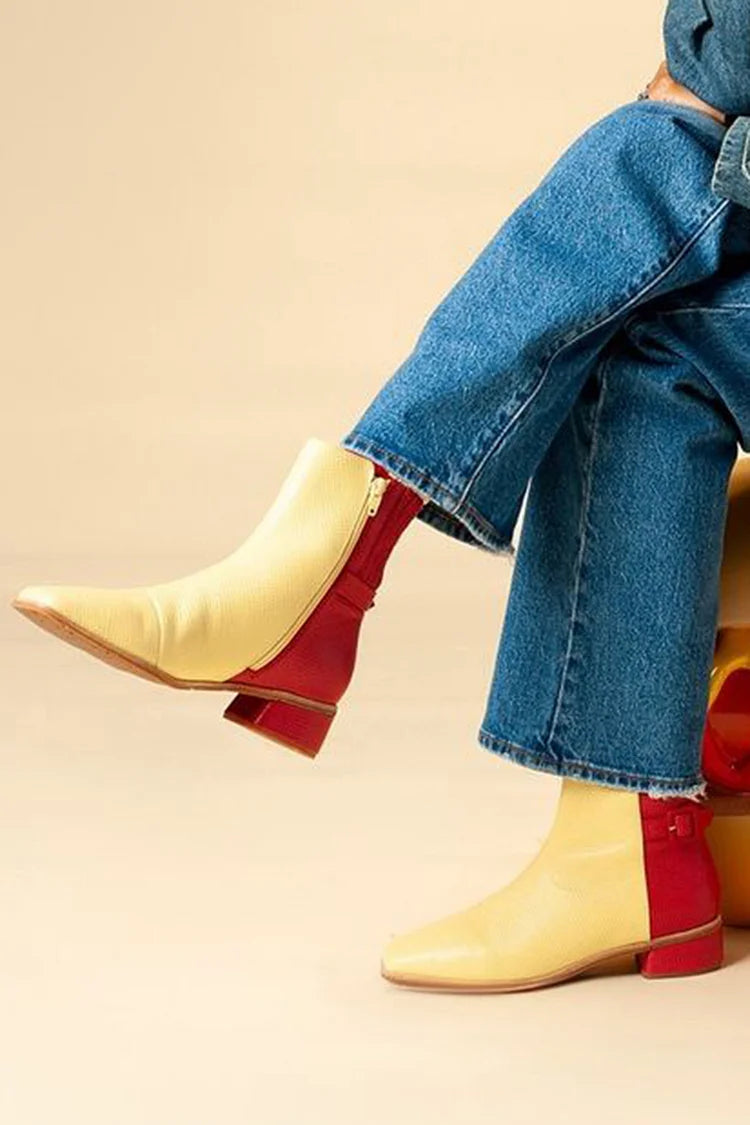 Colorblock Zipper Square Toe Chunky Heel Yellow Ankle Boots [Pre Order]