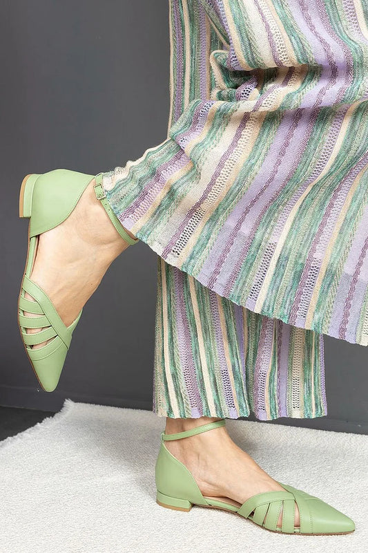 Ankle Strap Buckle Cut Out Pointed Toe Green Flats [Pre Order]