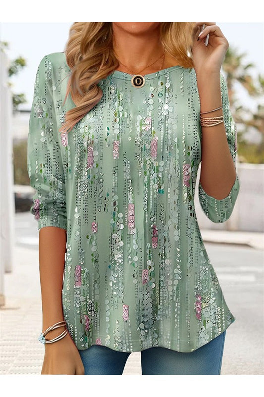 Floral Print Casual Crew Neck Long Sleeve Blouse