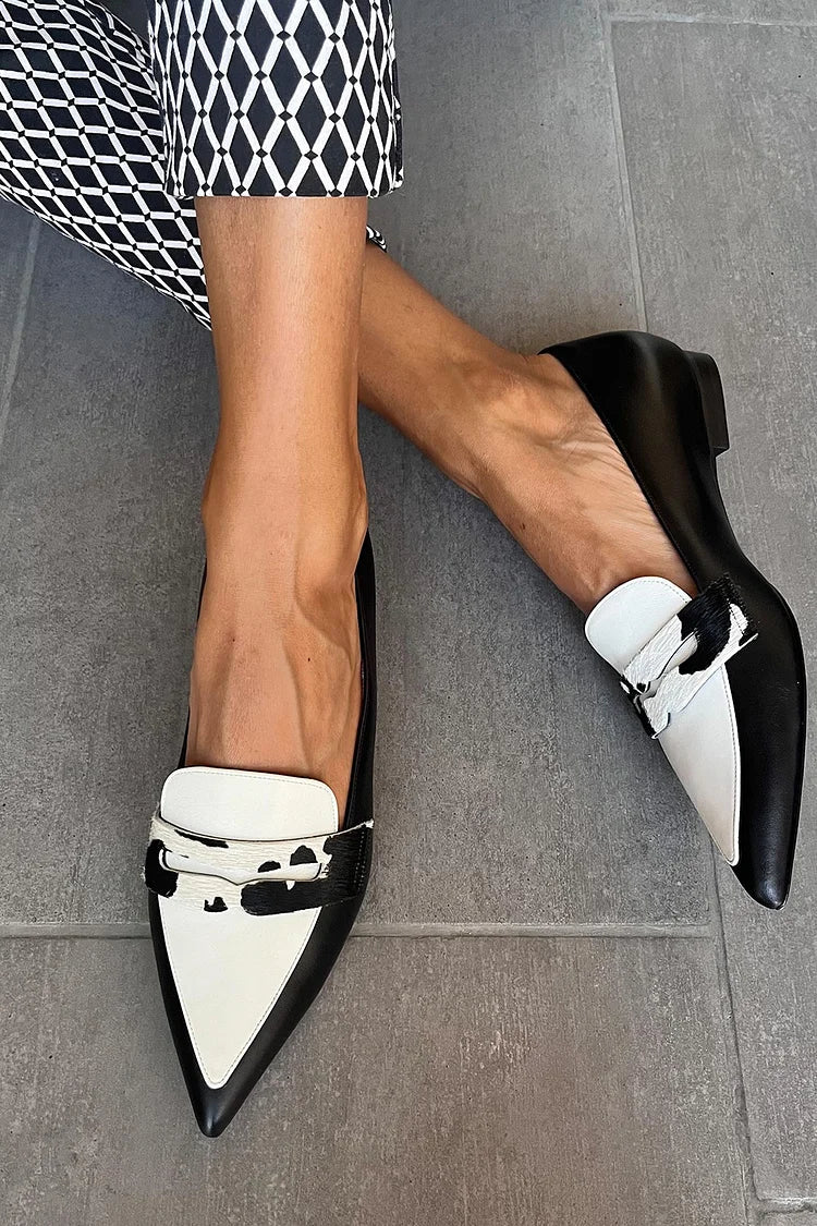 Colorblock Pointed Toe Cow Print Black Flats [Pre Order]