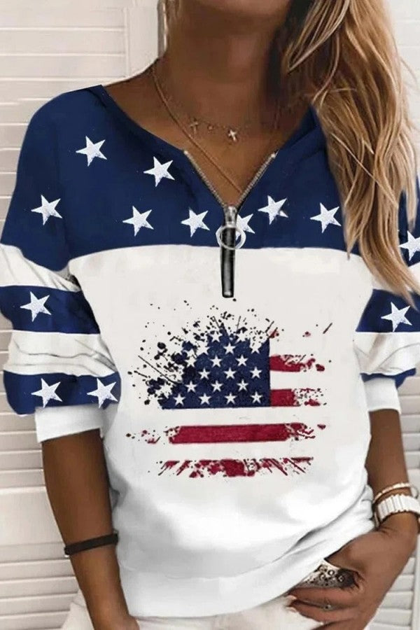 American Flag Print Zipper Long Sleeves Sweatshirt