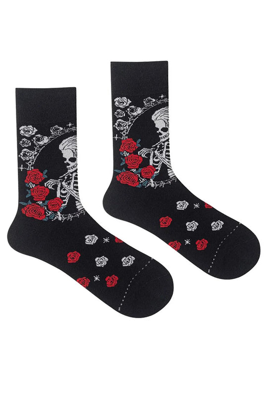 Halloween Long Hair Skeleton Rose Floral Print Mid Calf Socks