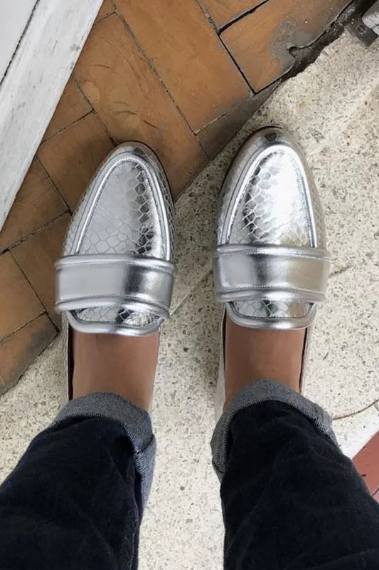 Metallic Sheen Round Toe Crocodile Print Silver Loafers [Pre Order]