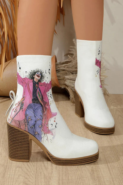 Music Note Figure Print Round Toe Chunky Heel Mid Boots