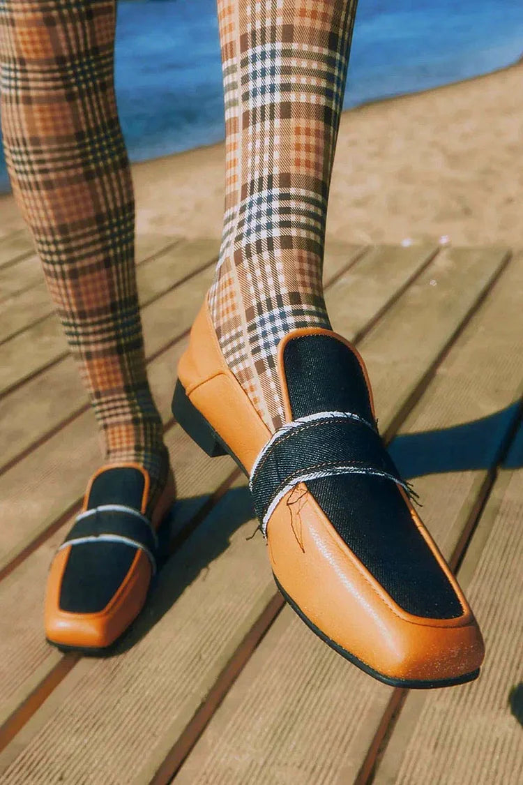 Patchwork Square Toe Low Block Heels Brown Loafers [Pre Order]