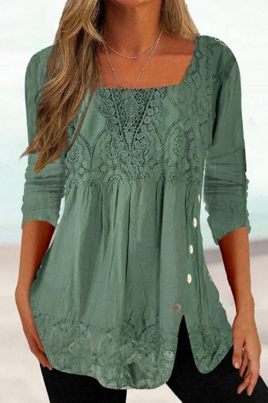 Ethnic Solid Color Casual Square Neck Lace Long Sleeves Blouse