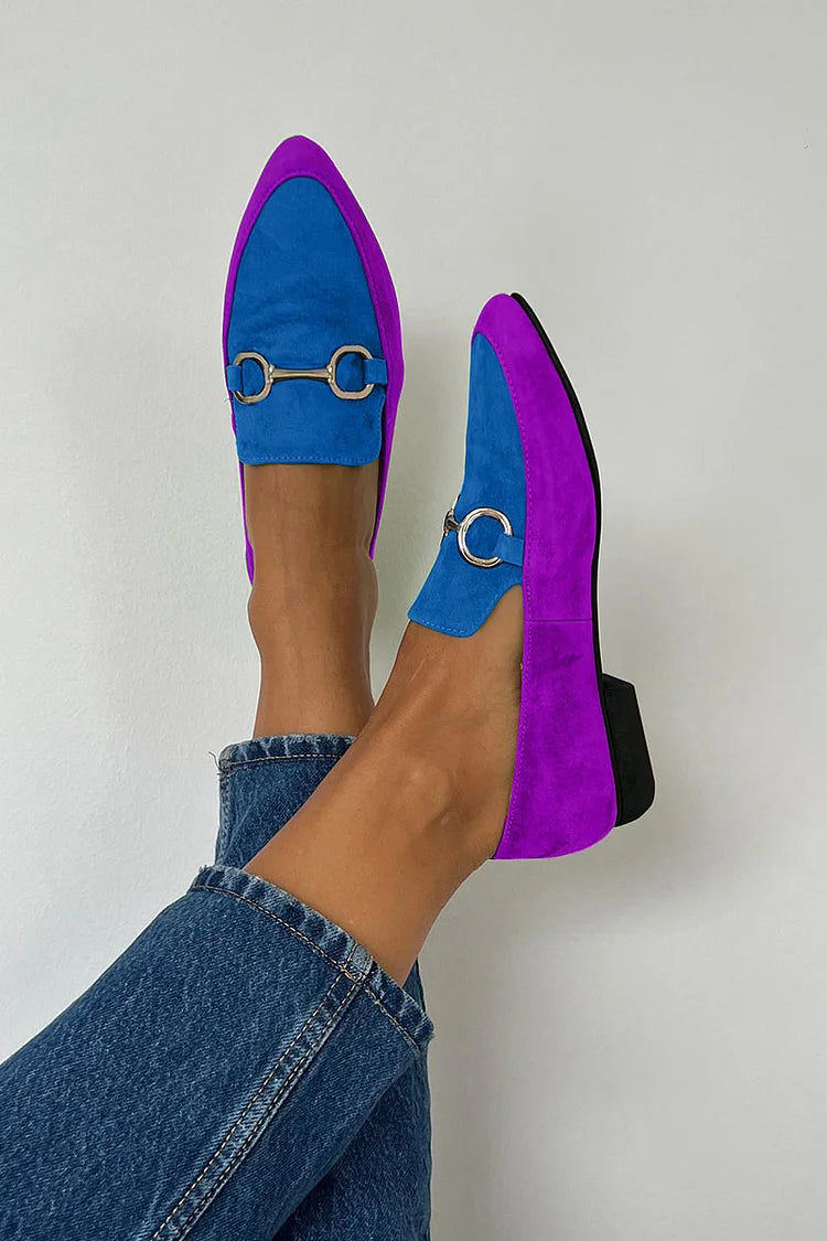 Colorblock Metal Buckle Pointy Toe Matte Retro Flats