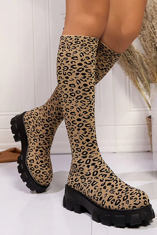 Leopard Pattern Round Toe Chunky Heel Knee High Boots