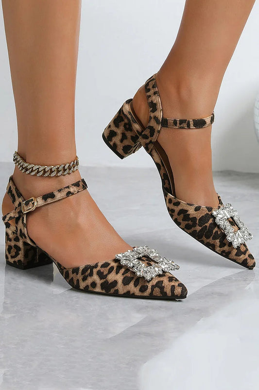 Leopard Print Rhinestone Decor Pointy Toe Ankle Strap Chunky Heels