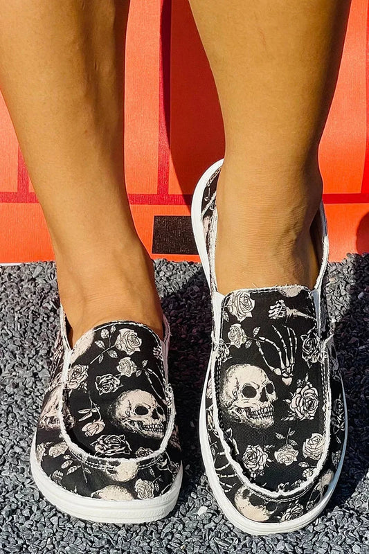 Mocassini slip-on con punta tonda e stampa floreale scura di Halloween con teschio 