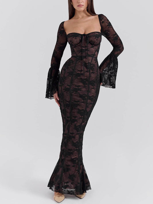 Delicate And Elegant Black Long Sleeve Lace Maxi Dress