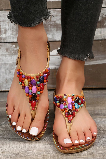 Colourful Gem Beads Seam Detail Elastic Band Flip Flops Retro Sandals