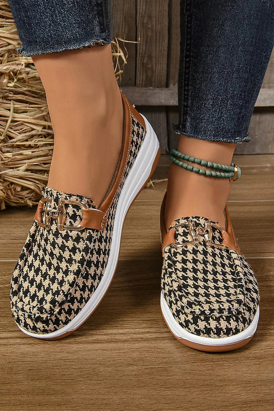 Houndstooth Pattern Metallic Buckle Decor Round Toe Loafers