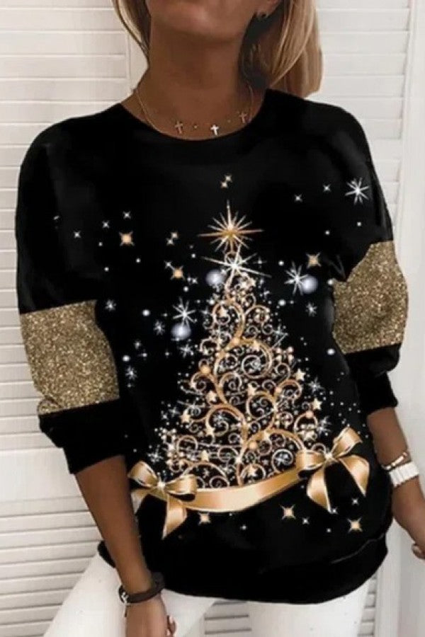 Christmas Tree Print Round Neck Long Sleeves Sweatshirt