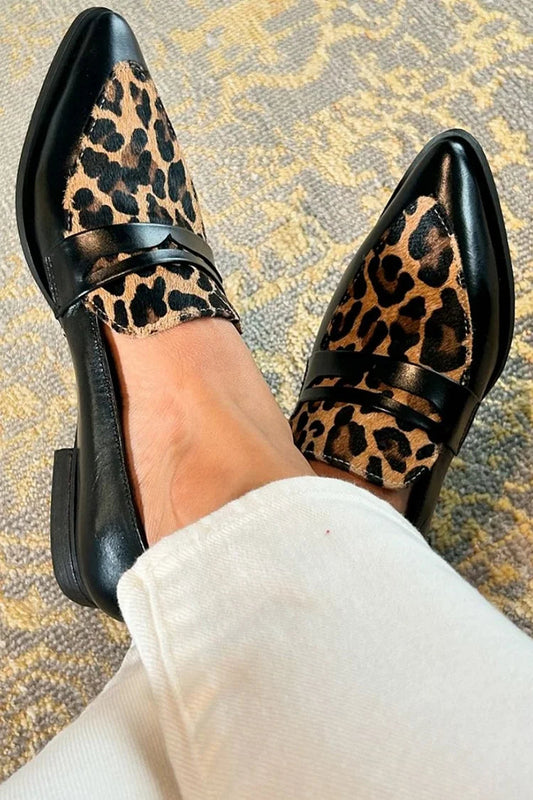 Pointed Toe Leopard Print Patchwork Black Loafers [Pre Order]