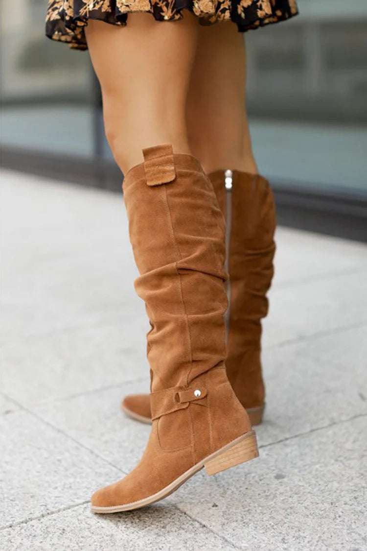 Solid Color Zipper Patchwork Round Toe Knee High Boots