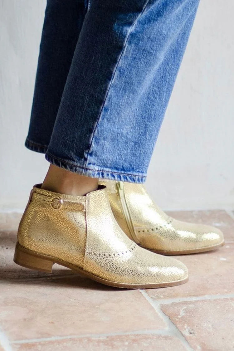 Round Toe Patchwork Strap Buckle Gold Ankle Boots [Pre Order]