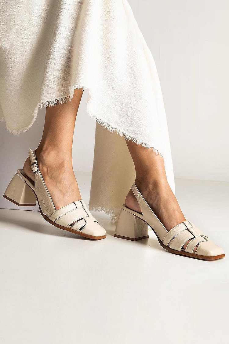 Solid Color Square Toe Slingback Beige Chunky Heels [Pre Order]