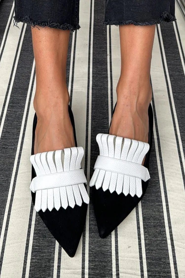 Pointed Toe Colorblock Fringed Trim Black Flats [Pre Order]