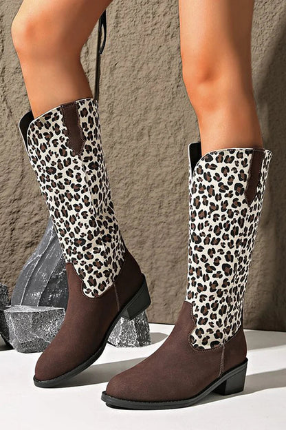 Leopard Print Patchwork Round Toe Chunky Heel Knee High Boots