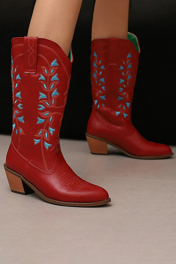 Colorblock Embroidery Patchwork Pointed Toe Chunky Heel Western Boots