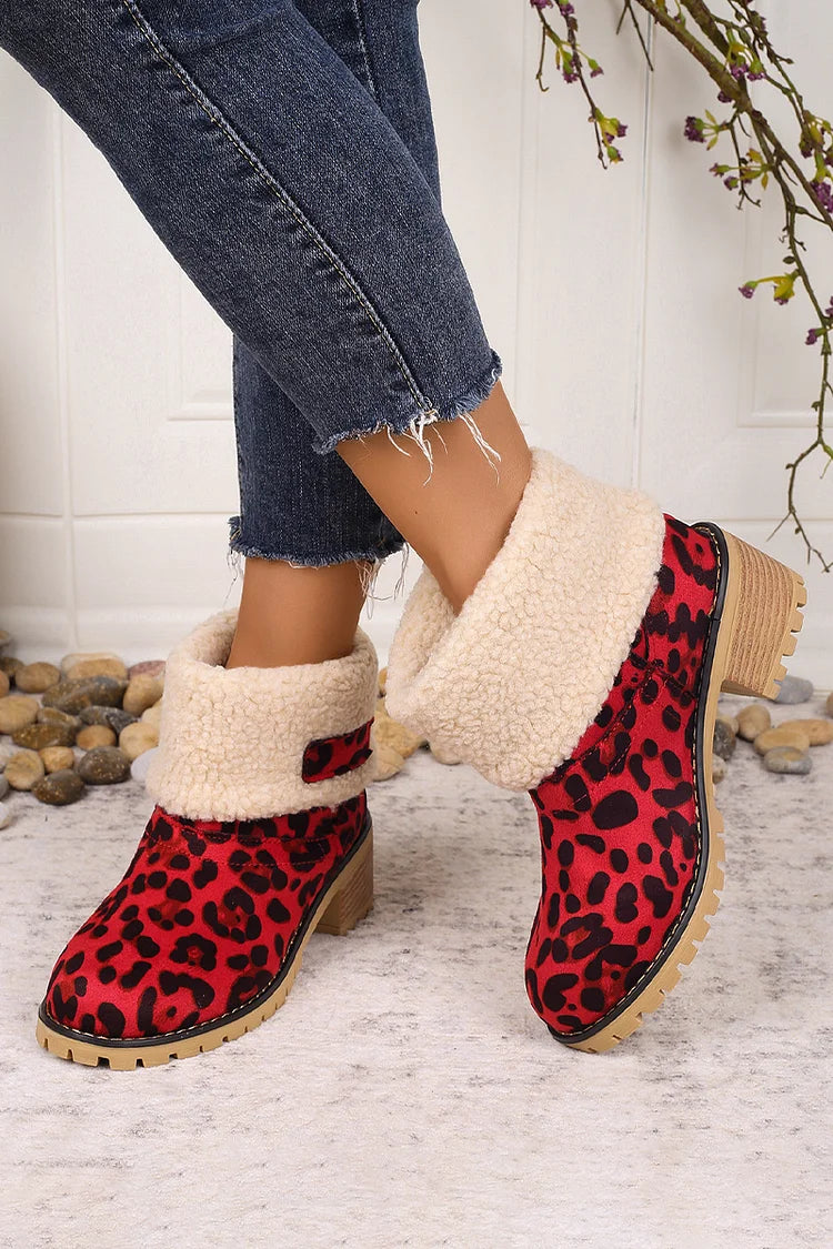 Leopard Print Fleece Lined Round Toe Chunky Heel Snow Boots