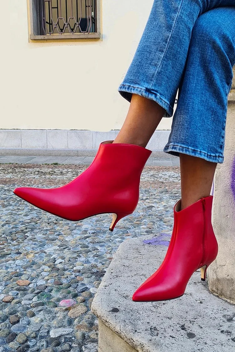 Solid Color Pointed Toe Zipper Red Kitten Heel Boots [Pre Order]