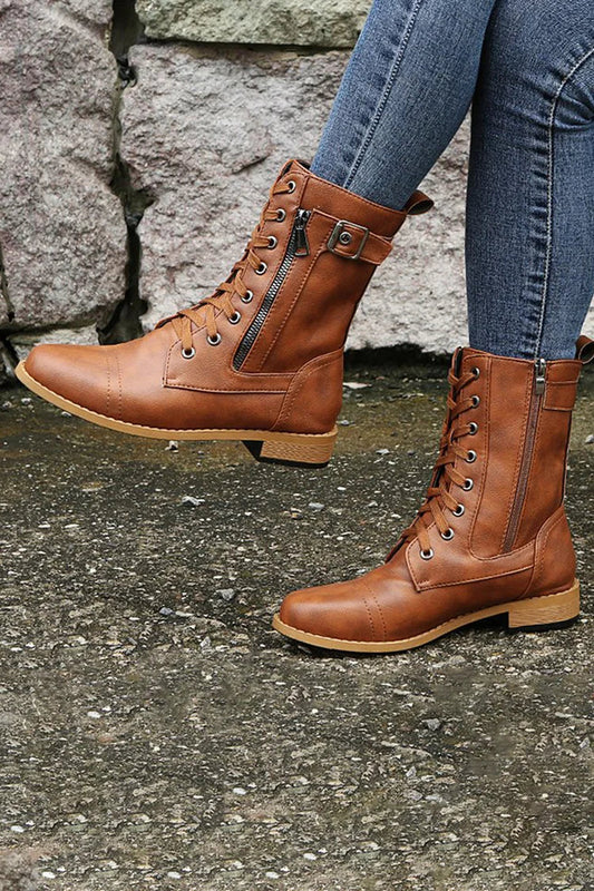 Patchwork Strap Buckle Round Toe Zipper Lace Up Mid Boots