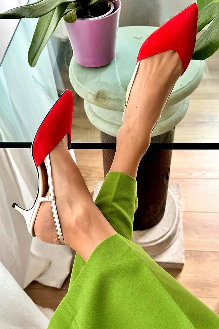 Colorblock Pointed Toe Slingback Red Kitten Heels [Pre Order]