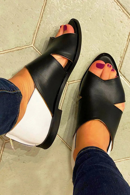 Colorblock Zipper Cut Out Peep Toe Black Sandals [Pre Order]