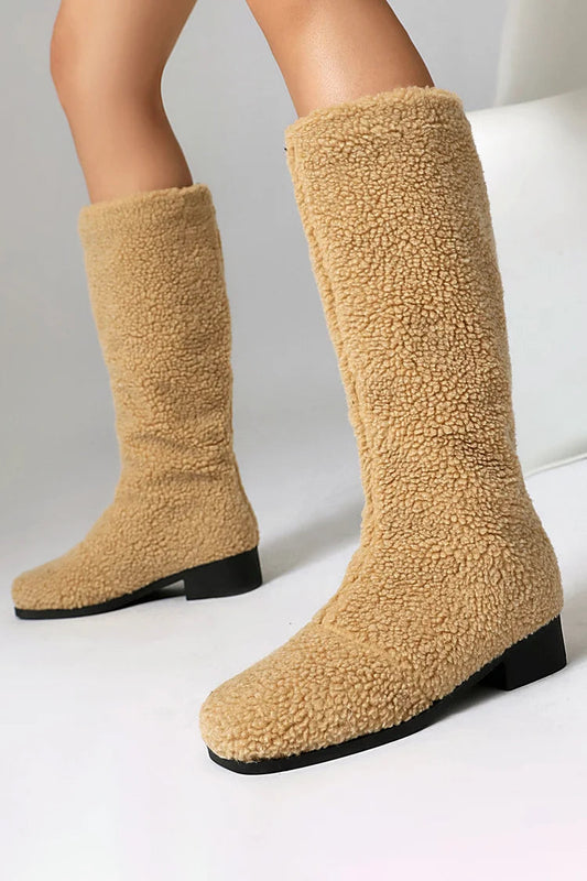 Solid Color Faux Fur Square Toe Chunky Heel Pull On Mid Calf Boots