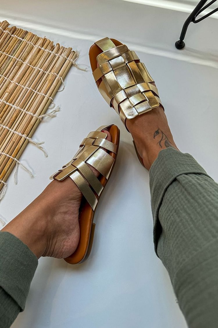 Metallic Sheen Woven Square Toe Gold Mules [Pre Order]