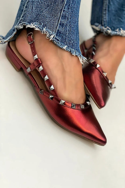 Studded Decor Pointy Toe Slingback Strap Red Flats [Pre Order]