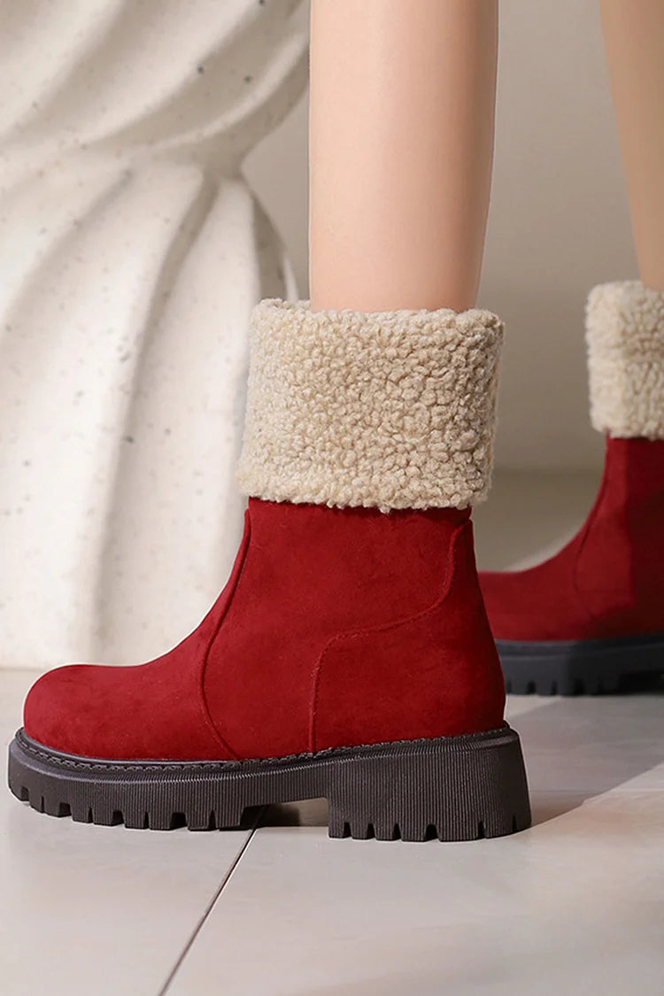 Patchwork Fluffy Trim Round Toe Chunky Heel Pull On Snow Boots