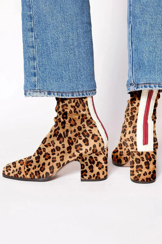 Leopard Print Square Toe Light Brown Chunky Heel Boots