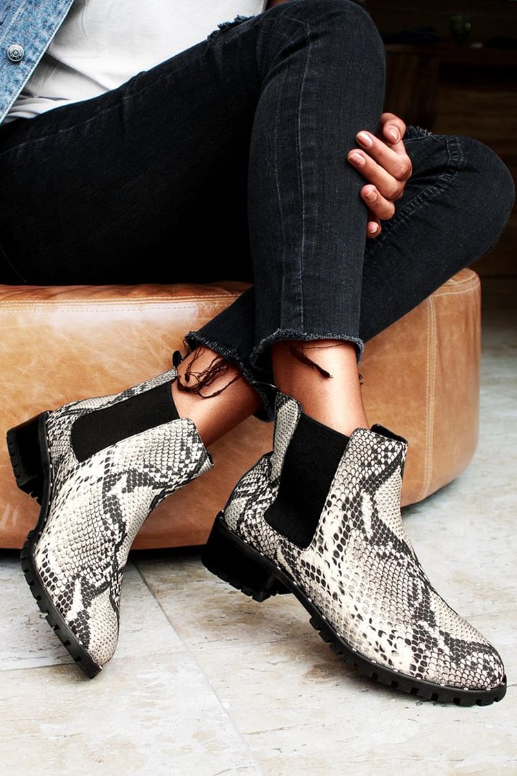 Snake Print Patchwork Round Toe Gray Ankle Boots [Pre Order]