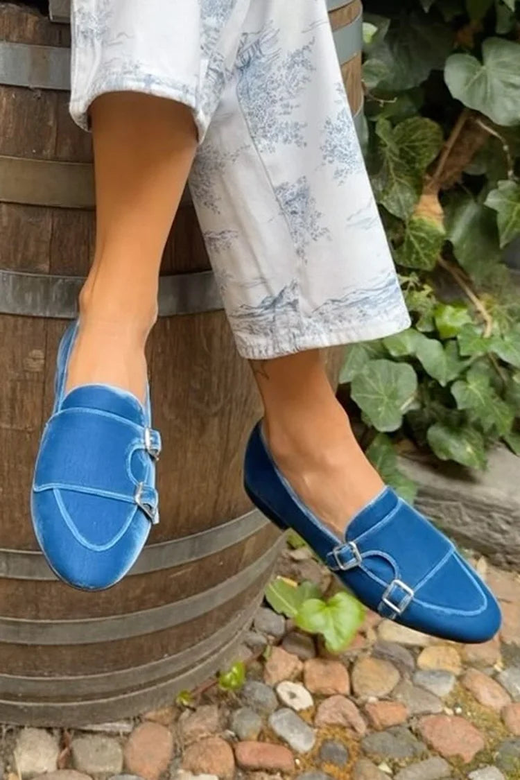 Velvet Round Toe Patchwork Solid Color Blue Flats [Pre Order]