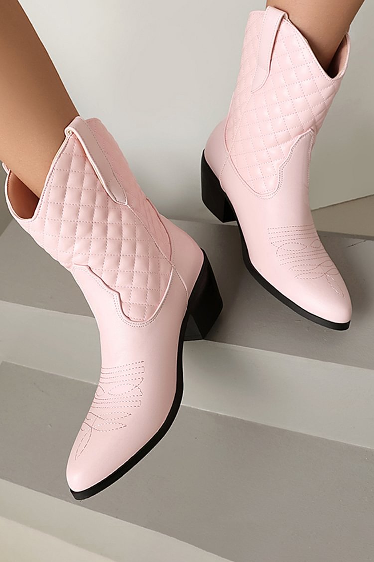 Stitch Detail Pointed Toe Patchwork Chunky Heel Ankle Boots