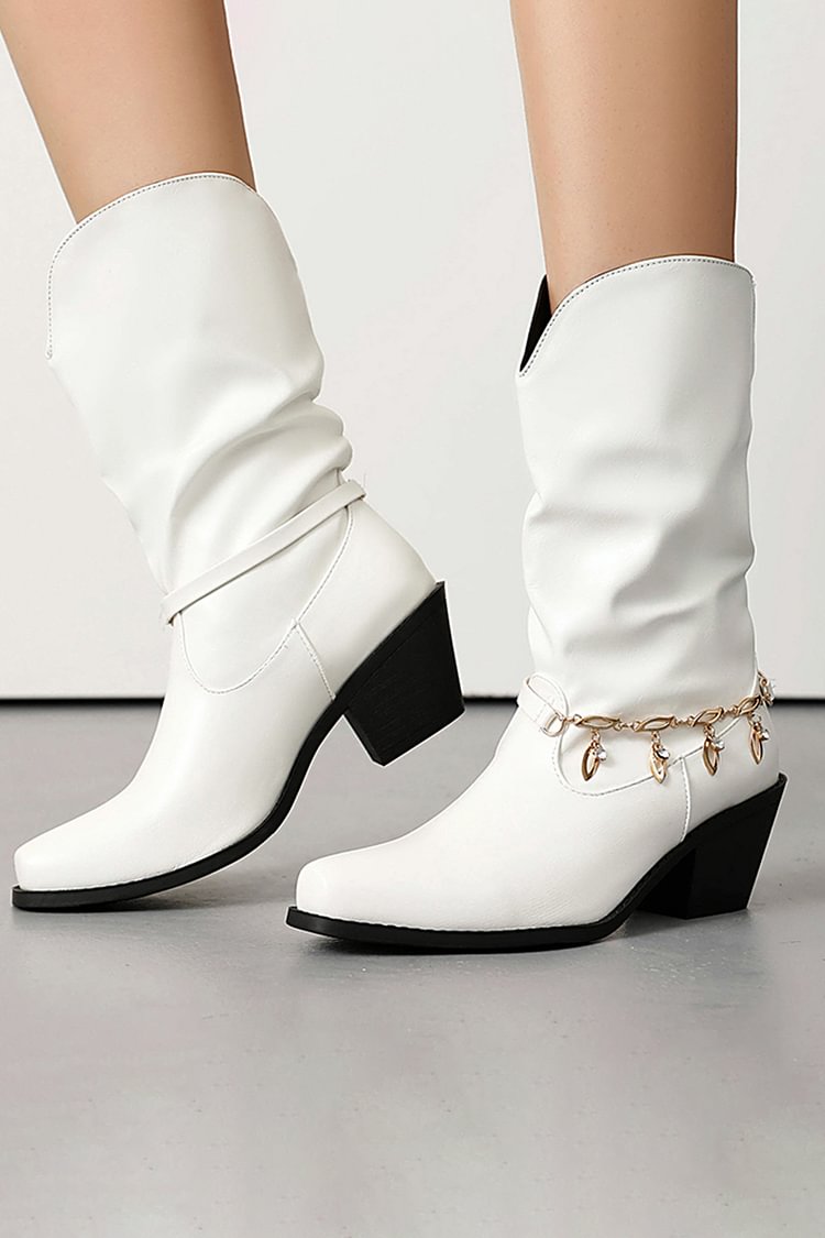 Metal Chain Decor Patchwork Square Toe Chunky Heel Mid Calf Boots