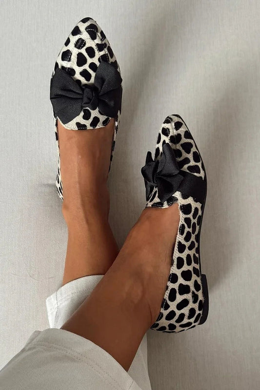 Animal Print Bow Decor Pointed Toe White Flats [Pre Order]