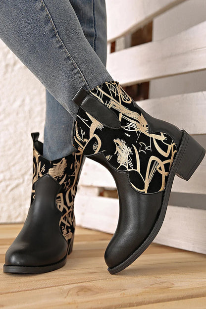 Pattern Print Round Toe Patchwork Chunky Heel Mid Boots