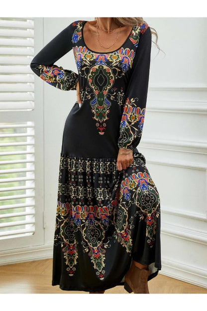 Ethnic Vintage Casual Crew Neck Long Sleeve Lightweight H-line Daily Maxi Dress