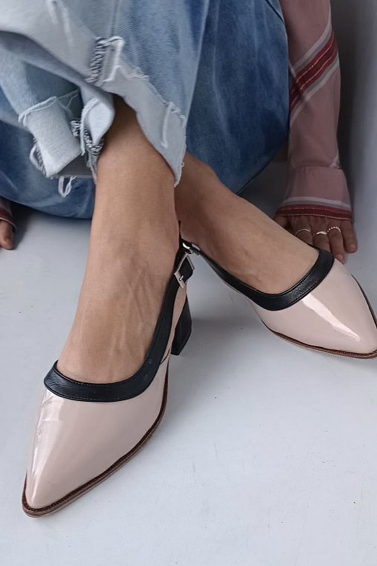 Contrast Color Pointed Toe Slingback Nude Chunky Heels [Pre Order]