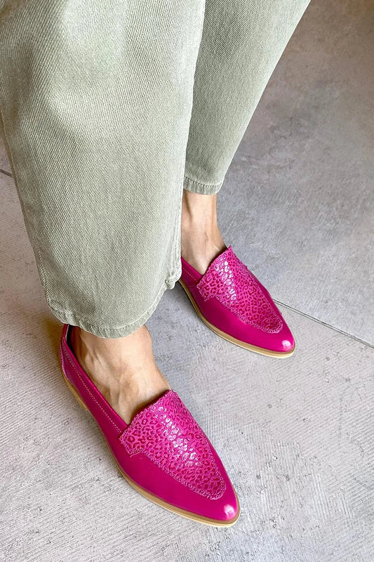 Pointed Toe Leopard Print Patchwork Fuchsia Loafers [Pre Order]