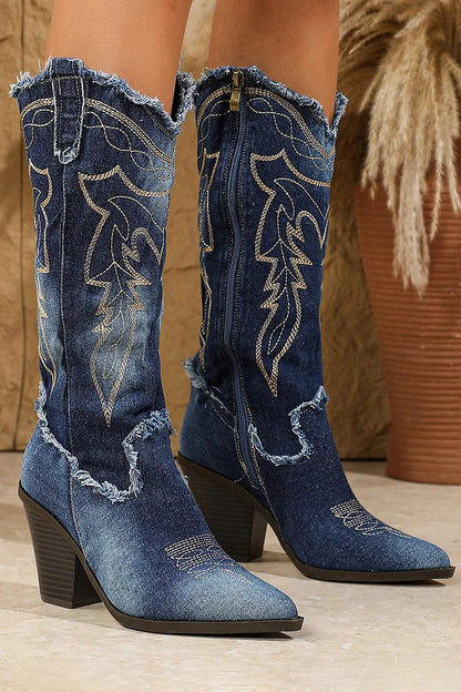 Denim Embroidery Raw Trim Patchwork Pointed Toe Knee High Boots